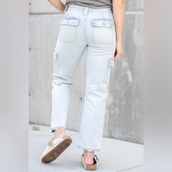 KanCan Winston High Rise Cargo Slim Straight Light Wash Raw Hem Jeans Size 24 - Picture 10 of 10